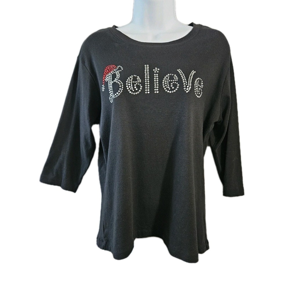 Christmas Holiday Womens 3/4 Sleeve Medium T-Shirt Black Bling Believe Santa EUC